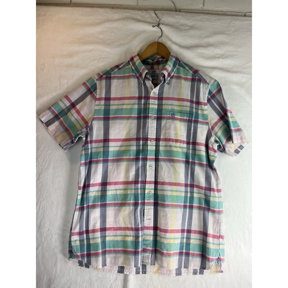Southern Tide Shirt Mens Medium Classic Fit Plaid Blue Green White Yellow